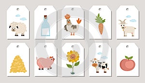 Cute farm price tag cards set with tractor, barn, farmer, cow. Vector country village print templates with        cow, milk, hen,