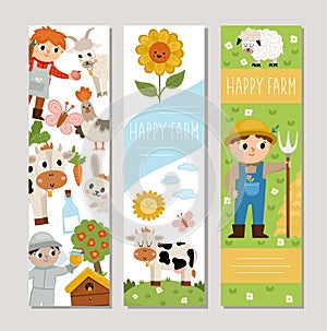 Cute farm vertical cards set with farmer, caw, sunflower, beekeeper, hen. Vector country village vertical print templates.