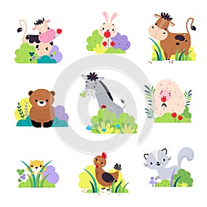 Cute farm and wild animals in bushes set. Adorable bear, bunny, chipmunk, raccoon, sheep, hen, cow on nature cartoon