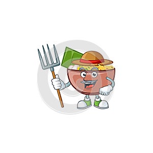 Cute Farmer bowl of noodle cartoon mascot with hat and tools