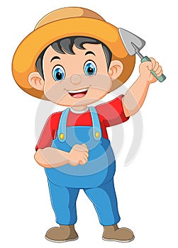 Cute farmer character holding small shovel