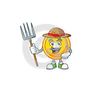 Cute Farmer chinese gold coin cartoon mascot with hat and tools