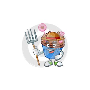 Cute Farmer chocolate love cupcake cartoon mascot with hat and tools