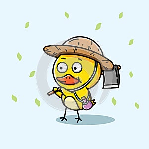 Cute farmer duck with straw hat and hoe