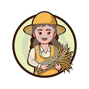 Cute farmer girl cartoon carrying bundle of wheat