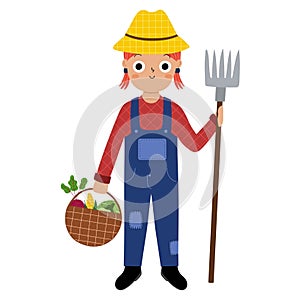 Cute farmer girl holding a rake in cartoon style. Farm character worker clipart