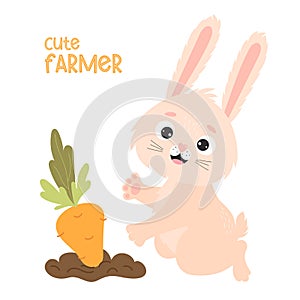 Cute farmer. Happy rabbit in garden bed with carrots. Harvesting, funny farmer. Vector illustration for kids collection