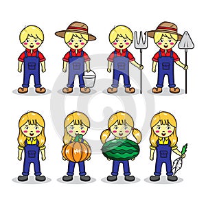 cute farmer kids icon set illustration