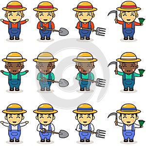 Cute farmer vector design with fork, shovel and sickle.