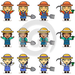 Cute farmer vector design with fork, shovel and sickle.