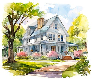 Cute farmhouse exterior with front yard flower bed. Colorful watercolour or aquarelle painting illustration. Created with