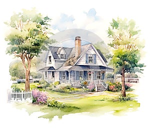 Cute farmhouse exterior with front yard flower bed. Colorful watercolour or aquarelle painting illustration. Created with