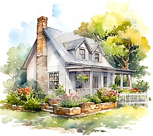 Cute farmhouse exterior with front yard flower bed. Colorful watercolour or aquarelle painting illustration. Created with