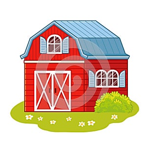 Cute farmhouse red house in cartoon style. Vector illustration with stable and barn