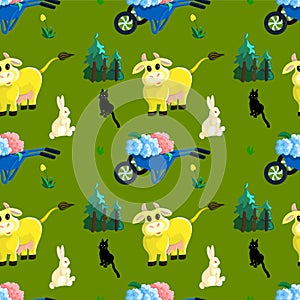 Cute farmland seamless pattern with cows in garden