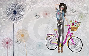 Cute fashion girl on the pink bicycle with flowers,3d wallpaper textere photo