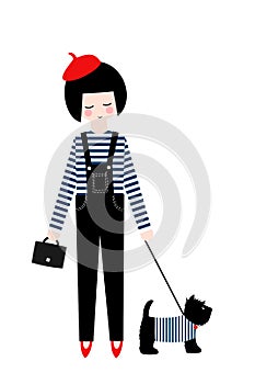 Cute fashion girl with scottish terrier on white background.