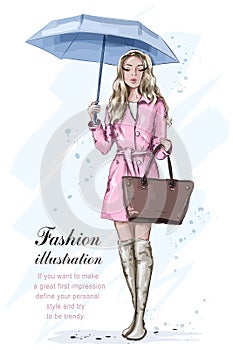 Cute fashion girl with umbrella. Stylish beautiful woman in fashion clothes. Hand drawn fashion model. Sketch.