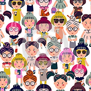 Cute fashion girls vector cartoon seamless pattern.