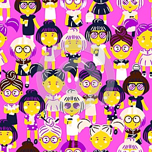 Cute fashion girls vector cartoon seamless pattern.