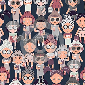 Cute fashion girls vector cartoon seamless pattern.