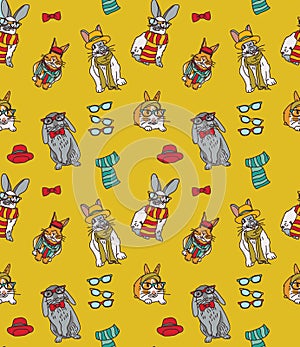 Cute fashion hipster rabbits pets seamless pattern