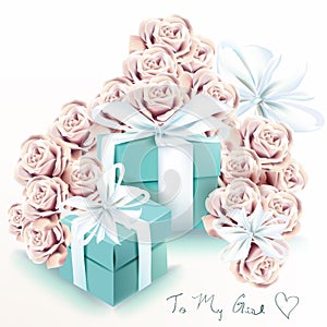 Cute fashion illustration with rose flowers and blue gift boxes.