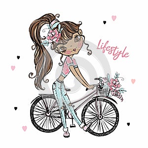Cute fashionable dark skinned teen girl with Bicycle. My life. Vector