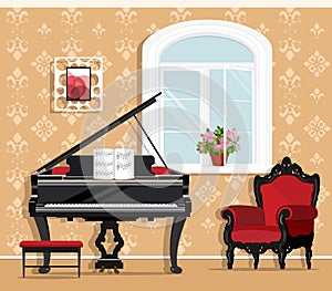 Cute fashionable living room with piano, armchair, window, flowerpot, little chair. Stylish graphic room set. Flat style.