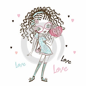 Cute fashionista teen girl with pigtails with a heart in her hands. Valentine card. Vector