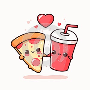 Cute fast food cartoon character with soda and pizza vector illustration, kawaii food icon, generative ai