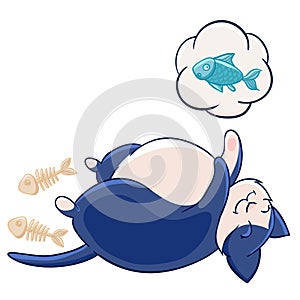 Cute fat blue cat stuffed and asleep, dreaming about fish. Scraps and fish bones.