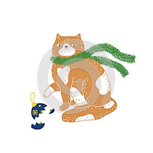 A cute fat cat dressed in Christmas tree tinsel around his neck, in the manner of a scarf, broke a Christmas tree toy