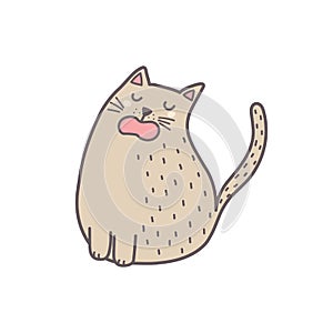 Cute fat cat sitting and meowing isolated element. Feline character