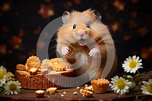 Cute Fat Hamster with Surprised Expression Looks Adorable Eating Delicious Dry Cake on the Table