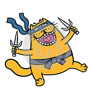 Cute fat ninja cat in a mask and with two sais in the paws. Vector illustration.