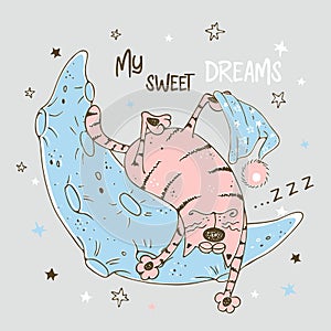 Cute fat pink cat sleeping sweetly on the moon. Vector
