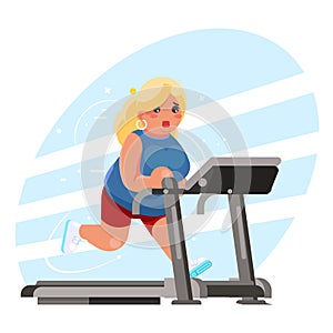 Cute fat woman cardio running treadmill simulator fitness gym run exercise training lose weight concept flat design