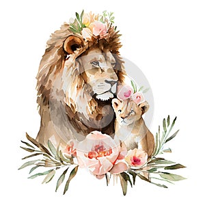 Cute father lion and baby with pink flowers watercolor Illustration isolated on white. Generative AI