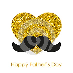 Cute Father`s Day card as big glitter heart with mustache
