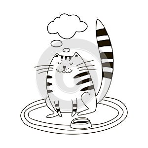 Cute fatty contented cat sits near his bowl of food. Black and white hand drawn illustration.