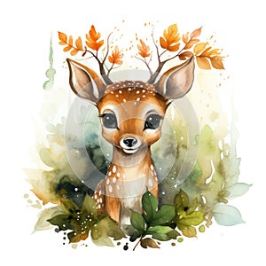 Cute fawn with autumn leaves isolated on white background. Watercolor cartoon illustration