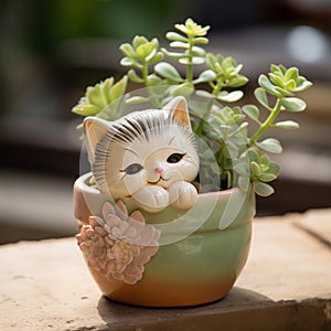 Cute Felinecore Figurine In A Lush Green Flowerpot