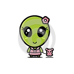 Cute female alien cartoon character holding her baby