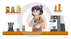 Cute female barista making coffee at coffee shop counter