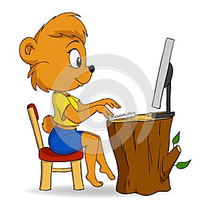 Cute female cartoon bear typing on computer