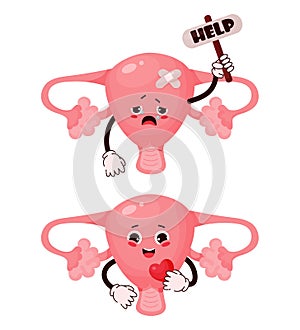 Cute female cartoon uterus. Human reproductive organ character with different emotions. Happy and sad uterus cries and