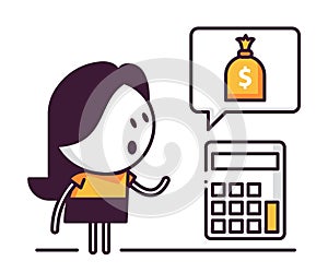 Cute female character with calculator and money bag in speech bubble. Controlling own costs