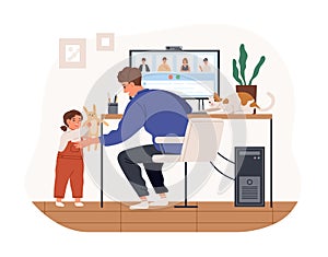 Cute female kid and cat distracting father from work vector flat illustration. Modern man working remotely from home use photo