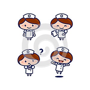 Cute female nurse medical staff cartoon character in chibi style set